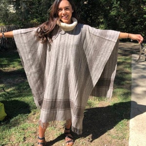 Gray Wool Poncho, Knit Turtle Neck, Striped ,Gray,Brown, Fringed