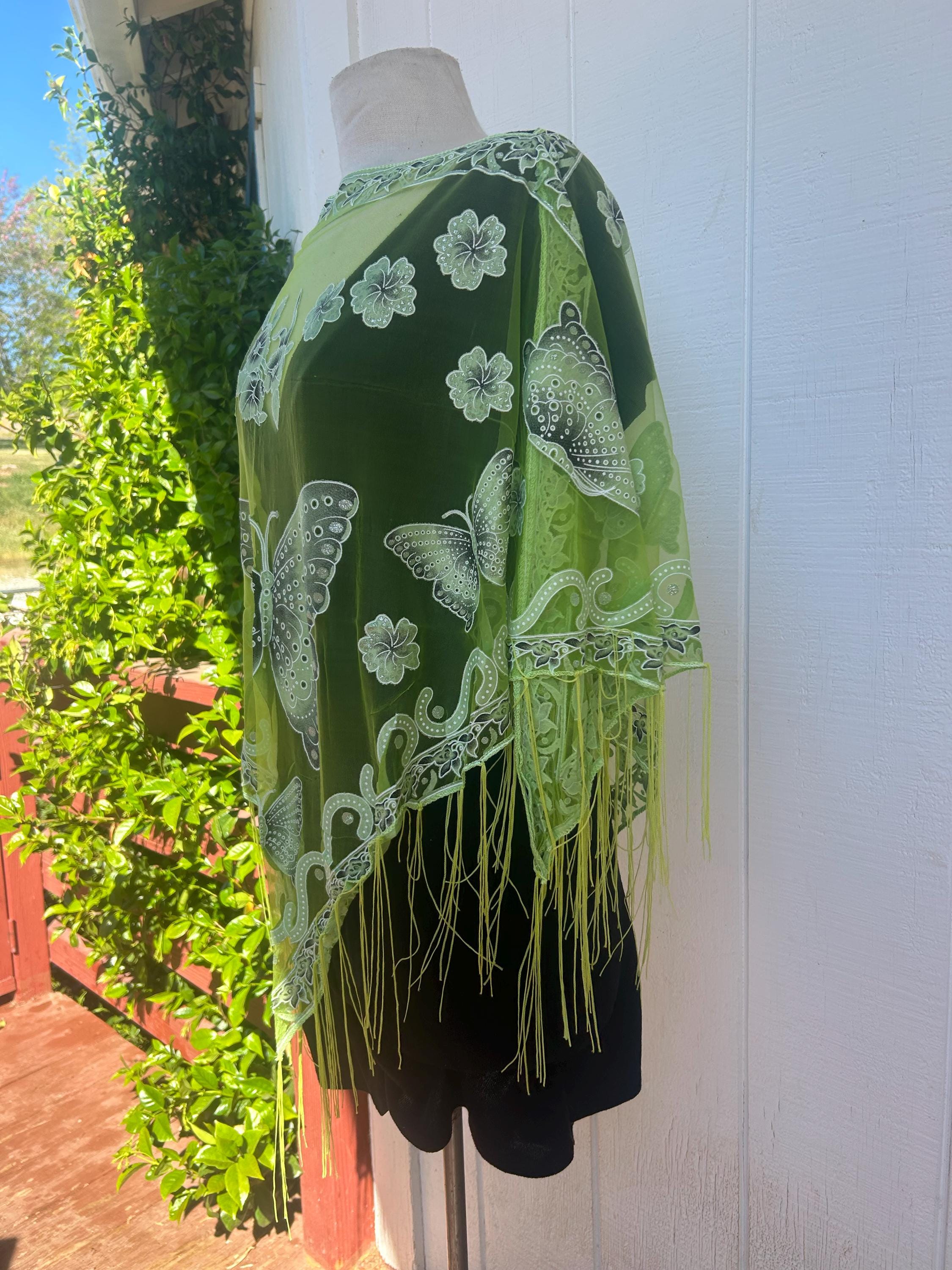 Semi Sheer Poncho, Green Butterfly, Beautiful, Handmade, Bright
