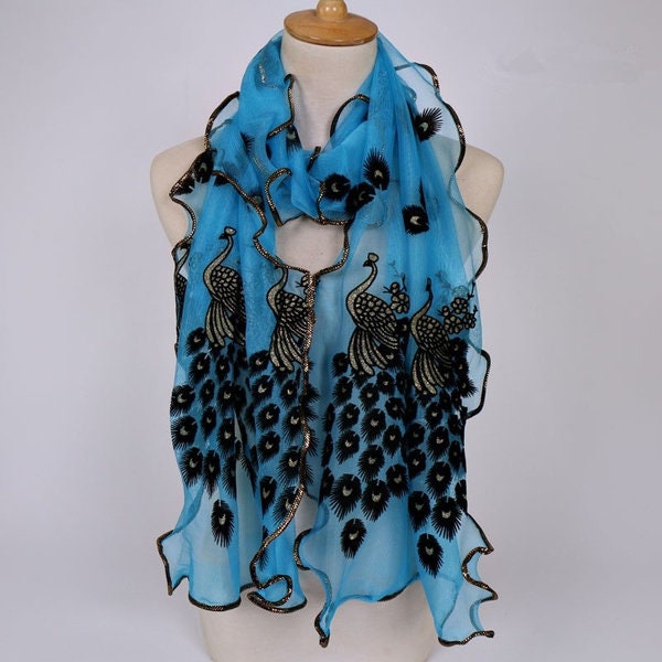 Embroidered Lace Peacock Feather Womens Gauze Scarves Wrap Shawl Scarf MA 