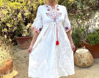 White Embroidered cotton dress, Small, embroidered flowers, BoHo dress