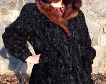 Fur coat,Black, Astrakhan Broad tail Lamb ,Sheep Fur ,Brown Mink Fur Collar, Large ,Madrid,Vintage fur