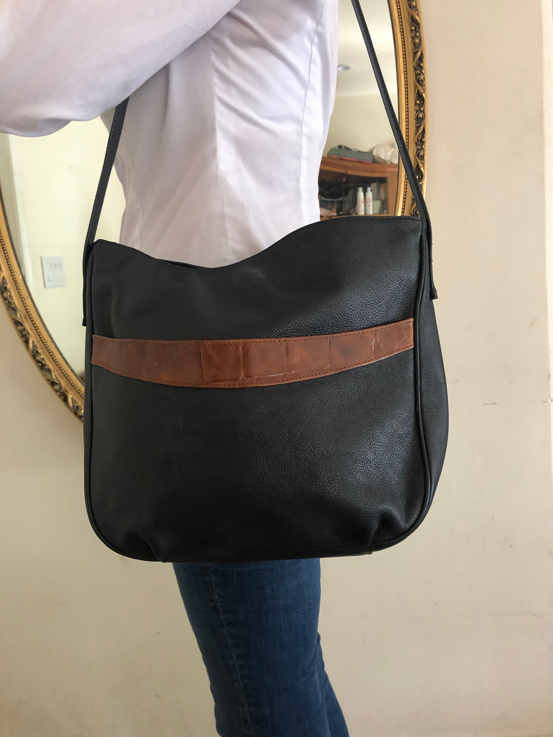 Courtenay Black Leather Purse Brown Croc Embossed Shoulder Etsy