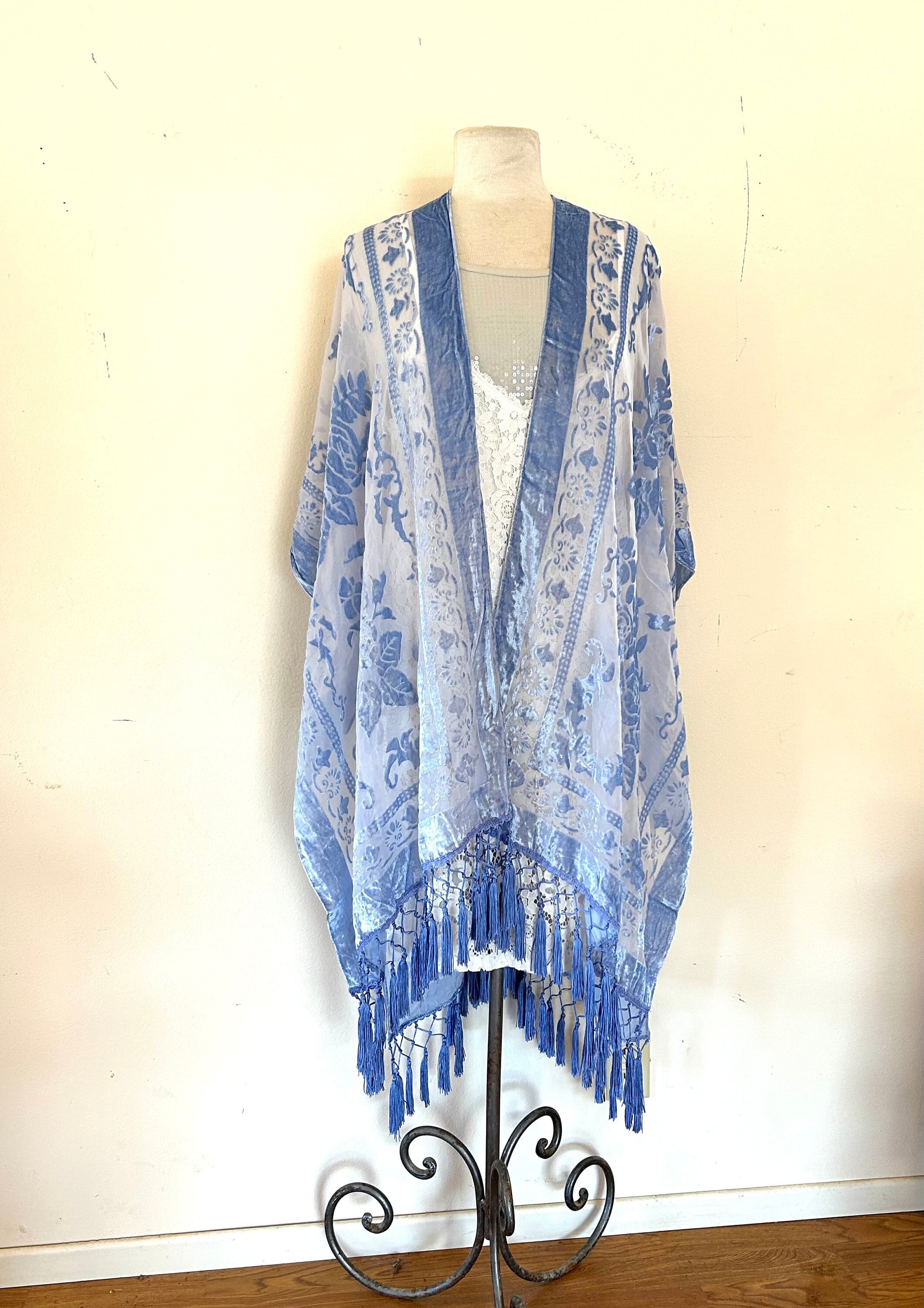 Gorgeous Light Blue Velvet Kimono, Semi Sheer, Burn Out Gorgeous Light Blue Velvet Kimono, Semi Sheer, Burn Out