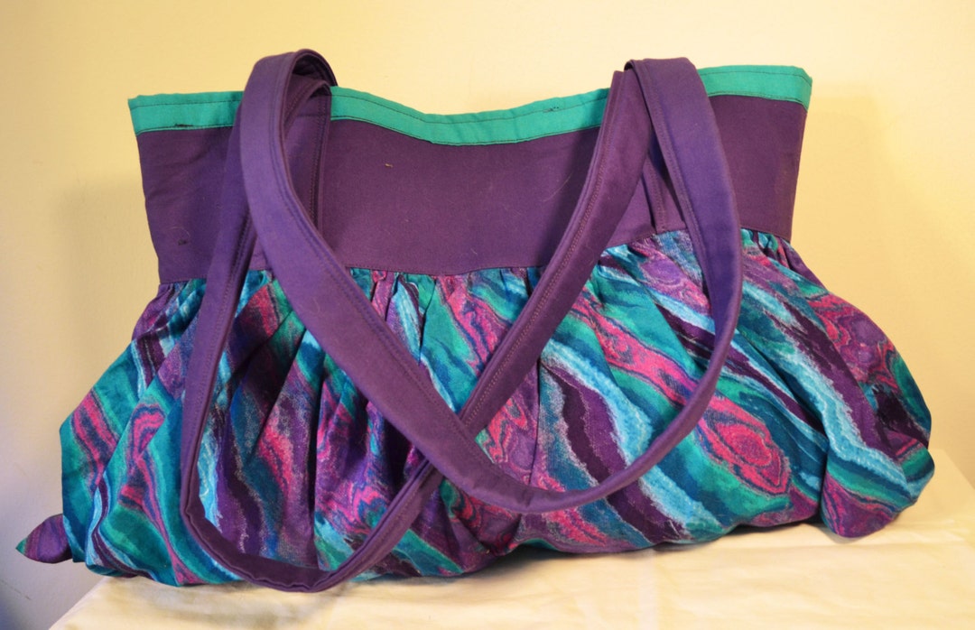 Colorful Large Cotton Purse Green and Purple Shoulder Bag With Bow