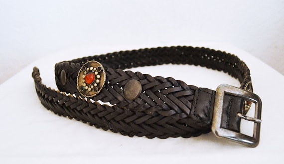 Dark Brown Braided Leather Belt, Silver Tone, Buckle 