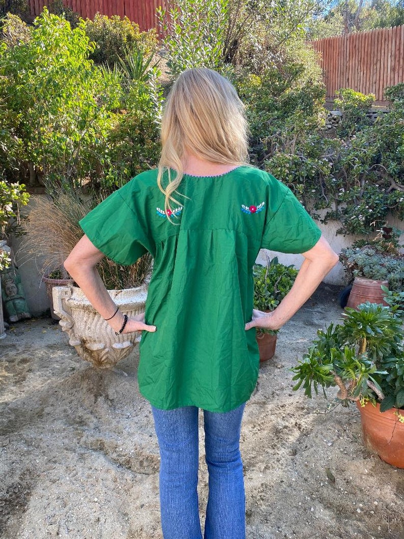 blouse Mexican blouse top,Oaxaca,green,Indian,Hupil large,BoHo Embroidered blouse Puebla blouse