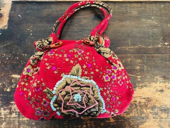 Red Tapestry Purse,Red,gold, Sequin purse, Beaded… - image 1