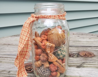 Fall Mason Jar Decor: Rag Balls, Pumpkins, Cinnamon Sticks