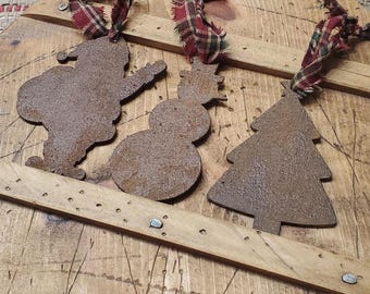 Rusty Christmas Ornaments, Grunged Ornaments, Primitive Tree Decor, Set of Three