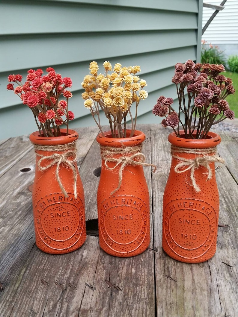 Fall Vases Orange Milk Jars Rustic Autumn Decor Pumpkin Etsy