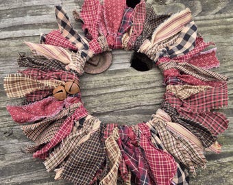 Barn Red,Brown and Black Plaid Rag Wreath, Shabby Farmhouse Candle Ring