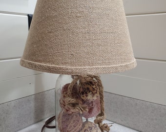 Mason Jar Lamp, Country Jar Rag Ball Lamp, Jar Filler Lamp, Farmhouse Lighting, Rag Ball Decor, Mason Jar Lighting, Primitive Lamp