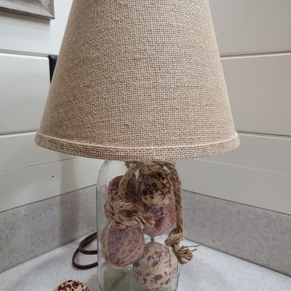 Mason Jar Lamp, Country Jar Rag Ball Lamp, Jar Filler Lamp, Farmhouse Lighting, Rag Ball Decor, Mason Jar Lighting, Primitive Lamp