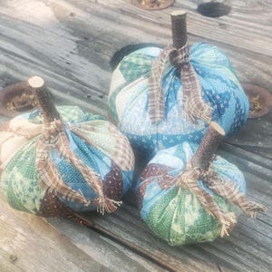 Patch work Pumpkin, Fabric Pumpkin, Stuffed Pumpkin, Fall Decor, Blue and Green Pumpkins, Farmhouse Decor, Tiered Tray Pumpkins, Set of 3