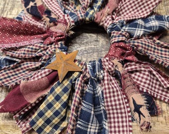 Americana Rag Wreath, Rustic Farmhouse Decor, 4th of July, 8 inch