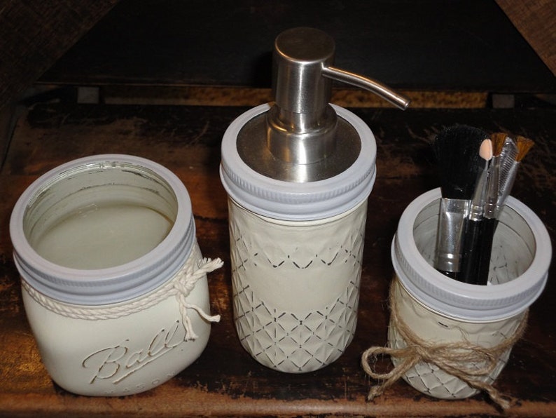 White Mason Jar Bathroom Set Mason Jar Bathroom Set Bathroom Etsy