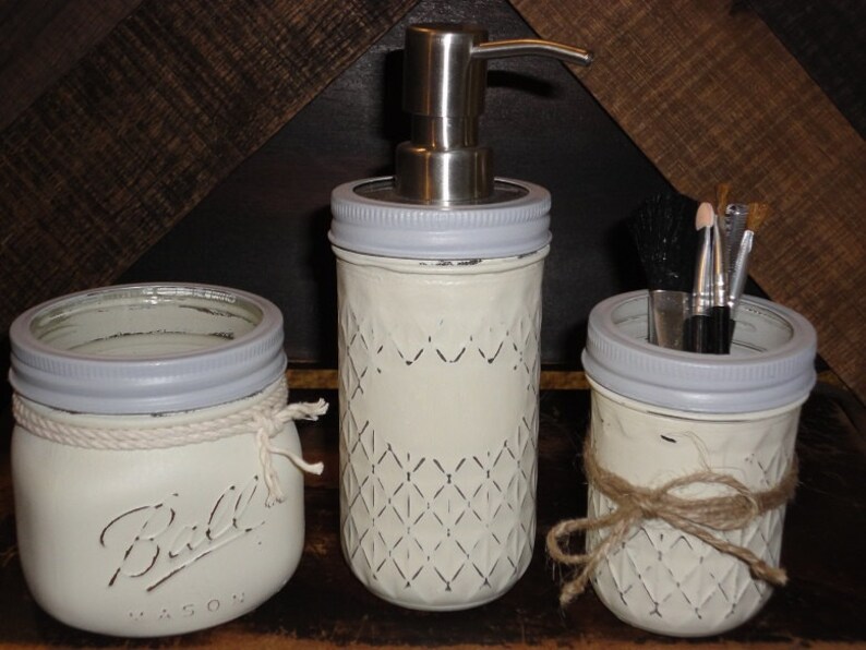White Mason Jar Bathroom Set Mason Jar Bathroom Set Bathroom Etsy