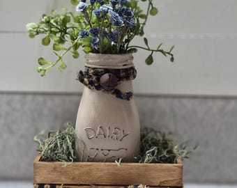 Faux Blue Flower Milk Bottle Jar Arrangement – Rustic Farmhouse Decor