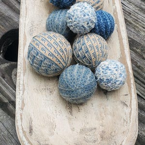 Tiered Tray Rag Balls, Farm House Rag Balls, Blue and Wheat Rag Balls, Neutral Rag Balls, Bowl Fillers , Set of  ten
