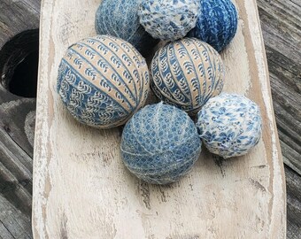 Farmhouse Rag Balls, Blue and Wheat Bowl Fillers, Set of 10