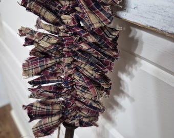 Americana Plaid Homespun Rag Garland 4' / Farmhouse Rag Garland / Patriotic / Red & Blue Rag Tie Garland / Primitive Swag