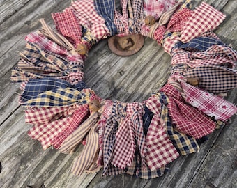 Americana Rag Wreath, Primitive Wreath,Rustic Fabric Wreath, Americana Decor