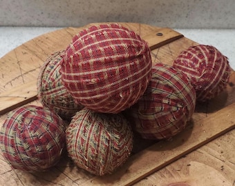 Red and Khaki Homespun Rag Balls, Primitive Dough Bowl Filler (Set of 6)