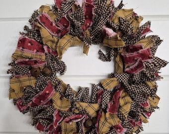 Fall Rag Wreath,  11" Wreath,  Farmhouse, Primitive, Rustic Fall Wreath