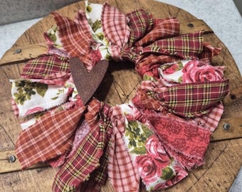 Mini Valentine Fabric Wreath, Rustic Mason Jar Ring, Wooden Heart