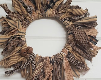Brown Plaid Rag Wreath, Shabby Farmhouse Candle Ring