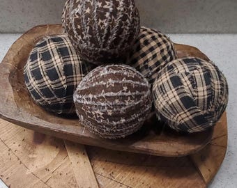 Farmhouse Rag Balls: Black & Brown Plaid and Star Bowl Fillers (Set of 6)