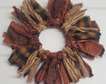 Mini Fall Rag Wreath: Rustic Homespun Fabric Mason Jar Ring