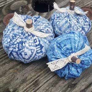 Blue and Cream Pumpkins, Fabric Pumpkin, Stuffed Pumpkin, Fall Decor, Halloween decor, Beach house Decor, Tiered Tray Pumpkins, Set of 3