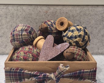 Primitive Fabric Balls in Crate, Wood Spools, Heart, Jingle Bells , Americana Decor