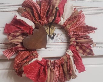 Valentine Rag Wreath, Homespun Fabric, Primitive Decor
