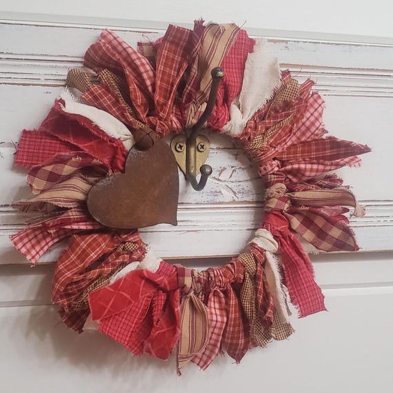 Valentine Rag Wreath, Homespun Fabric, Primitive Decor