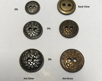 k1261 1 Dozen Floral Pattern Antique Silver or Ant Brass Vintage 2-Hole Buttons