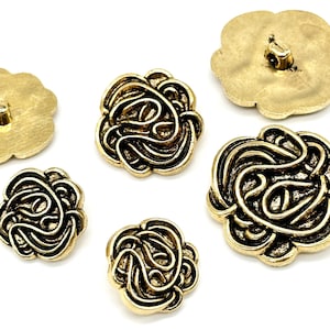 6 Pcs Vintage Flower Art Deco Shank Buttons - Antique Gold, 3 Sizes | Crafting & Sewing Supplies | Decorative Clothing Buttons | (K2344)