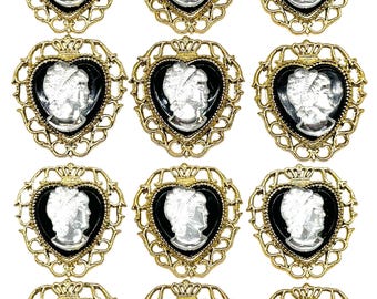 Vintage Gold Cameo Buttons: Black & Crystal Brooch Style, Set of 6