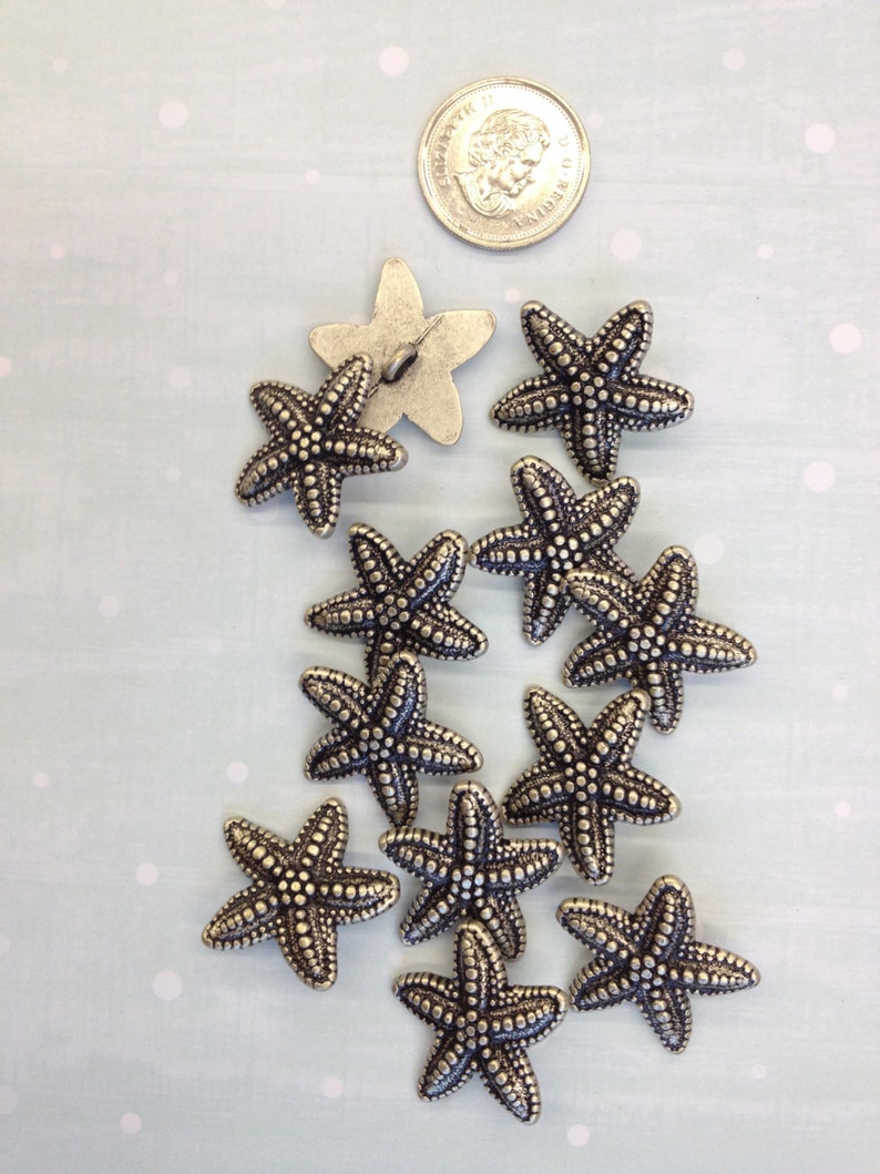 12 buttons1 package Vintage Starfish Shaped Metal Shank Buttons K4481 Color is Antique Silver and in several sizes image 2