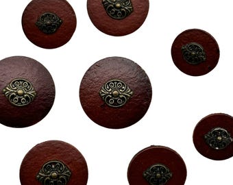 12 Vintage Leather Shank Buttons: Light Brown with Antique Brass