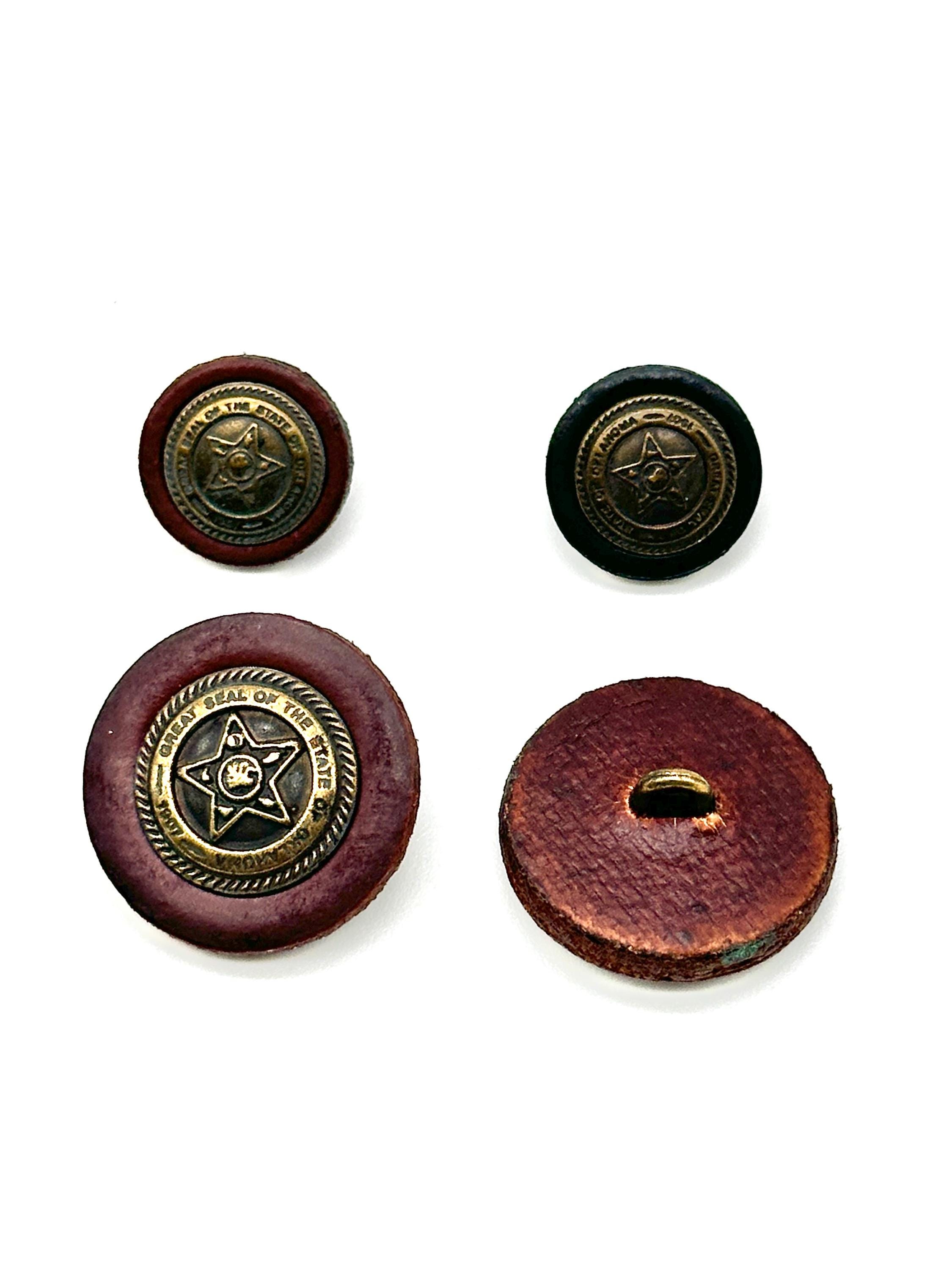 Vintage Oklahoma Seal Buttons: Leather Rim, Antique Brass - Set of