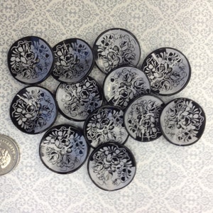 1 Dozen1 packageVintage Black with White Floral Pattern Nylon 4-Hole Buttons F1230 available in several sizes image 2