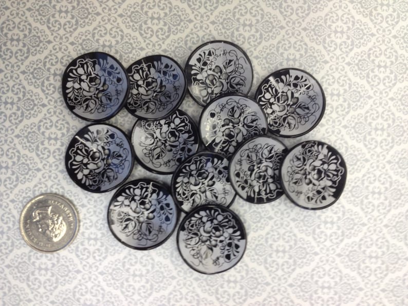 1 Dozen1 packageVintage Black with White Floral Pattern Nylon 4-Hole Buttons F1230 available in several sizes image 2