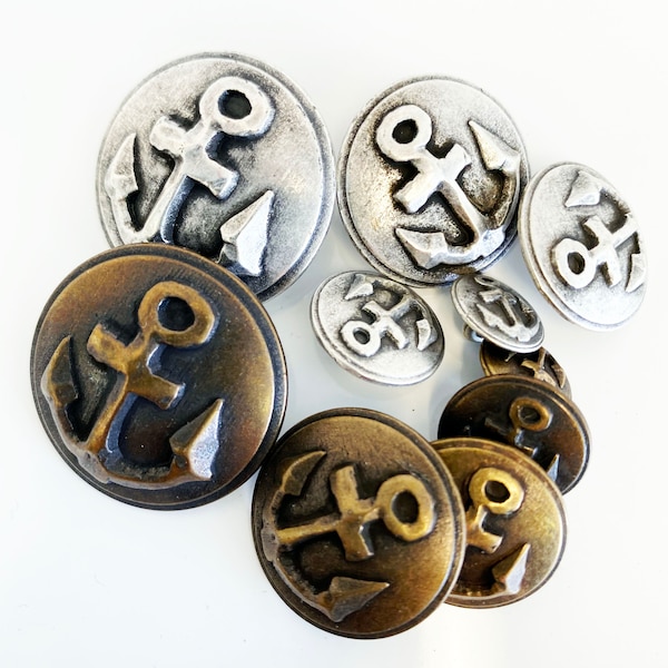 Nautical Anchor Embellished Buttons - 1 Dozen - Antique Silver or Antique Brass - K4873 available in several sizes