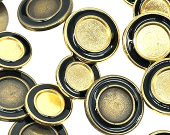 12 Vintage Metal Shank Buttons: Antique Brass & Gold with Black Rim