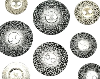 Vintage Geometric Metal Buttons: Gunmetal & Silver, 12 Pcs