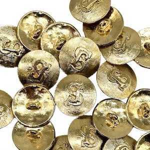 6 botões vintage dourados com haste abobadada - Padrão 'JS' ou 'SJ' elevado, botões de metal canadenses dos anos 70 | Suprimentos para roupas e costura (K1180)