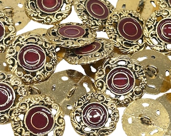 12 Vintage Gold & Cranberry Metal Shank Buttons: Ornate Sewing Embellishments