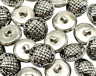 Vintage Basket Weave Buttons: Antique Silver Metal Shank, Set of 12